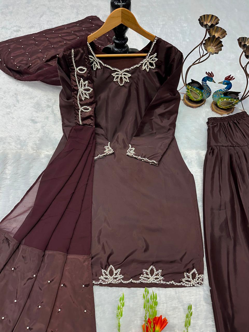 Brown pink pakistani co-ord set, Pur natural crap with embroidery,