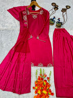 Brown pink pakistani co-ord set, Pur natural crap with embroidery,