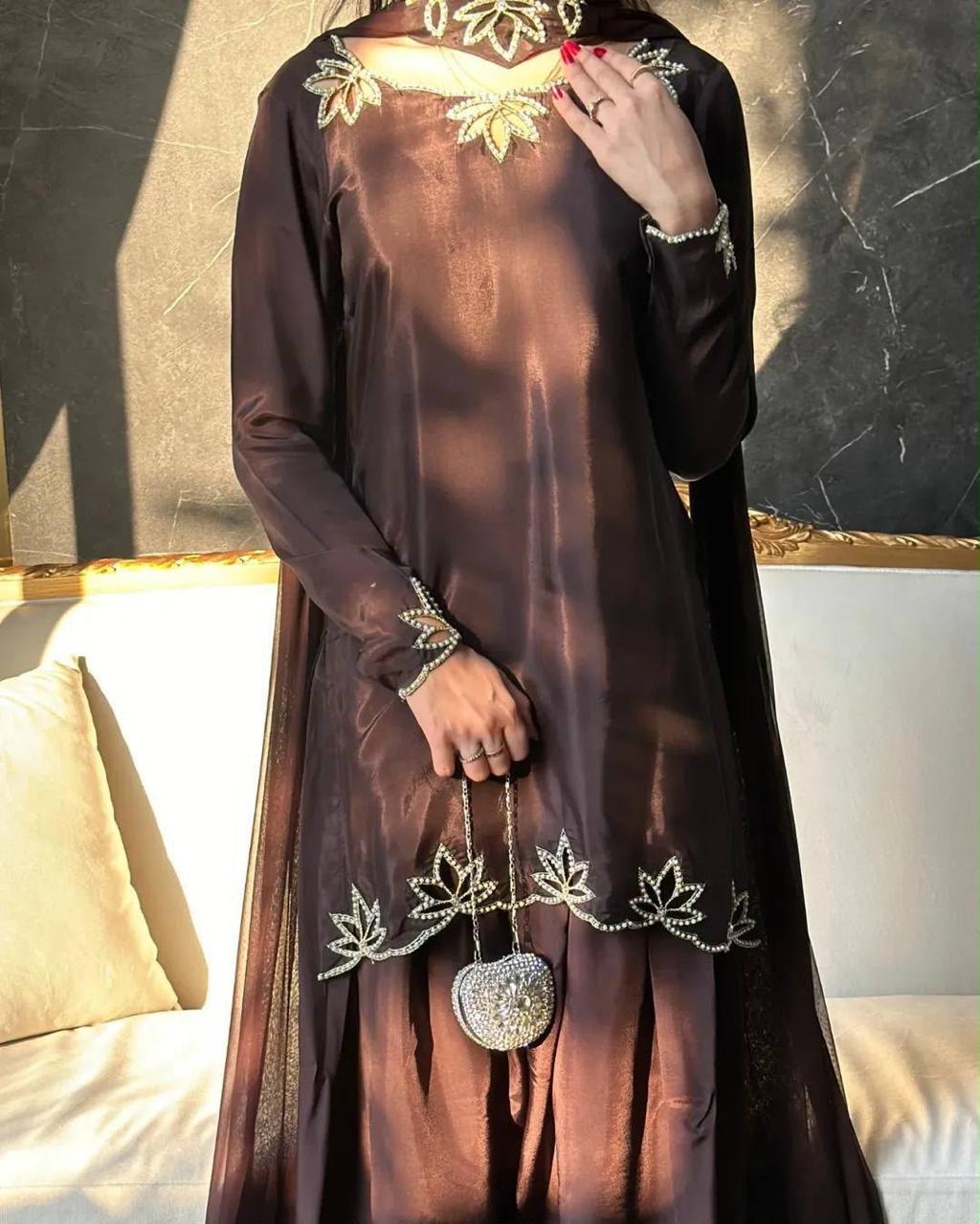 Brown pink pakistani co-ord set, Pur natural crap with embroidery,