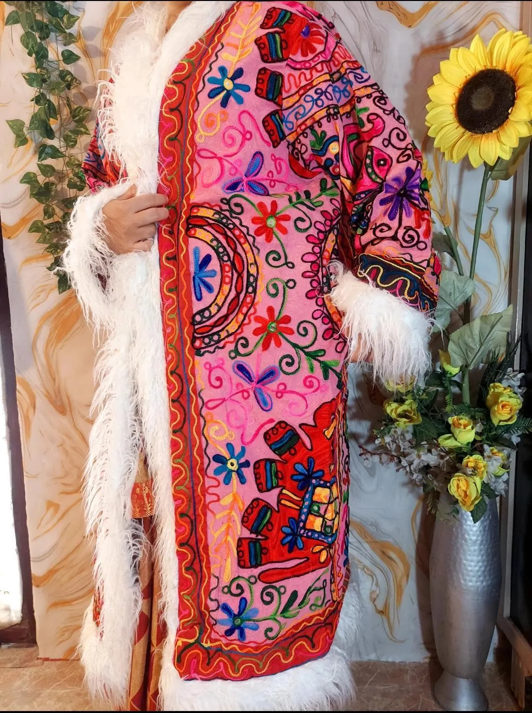 Reversible Neon Pink Afghan Coat: Embroidered Floral Cotton, Mongolian Fur Trim, Christmas Jacket