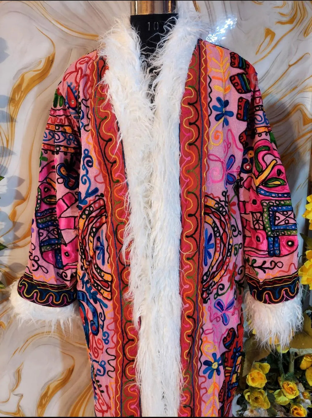 Reversible Neon Pink Afghan Coat: Embroidered Floral Cotton, Mongolian Fur Trim, Christmas Jacket