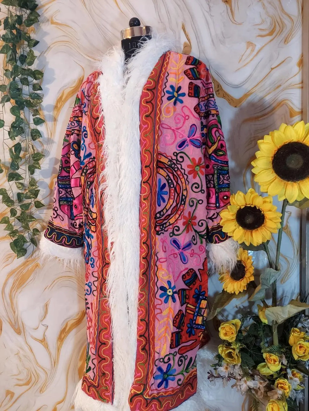 Reversible Neon Pink Afghan Coat: Embroidered Floral Cotton, Mongolian Fur Trim, Christmas Jacket