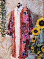 Reversible Neon Pink Afghan Coat: Embroidered Floral Cotton, Mongolian Fur Trim, Christmas Jacket