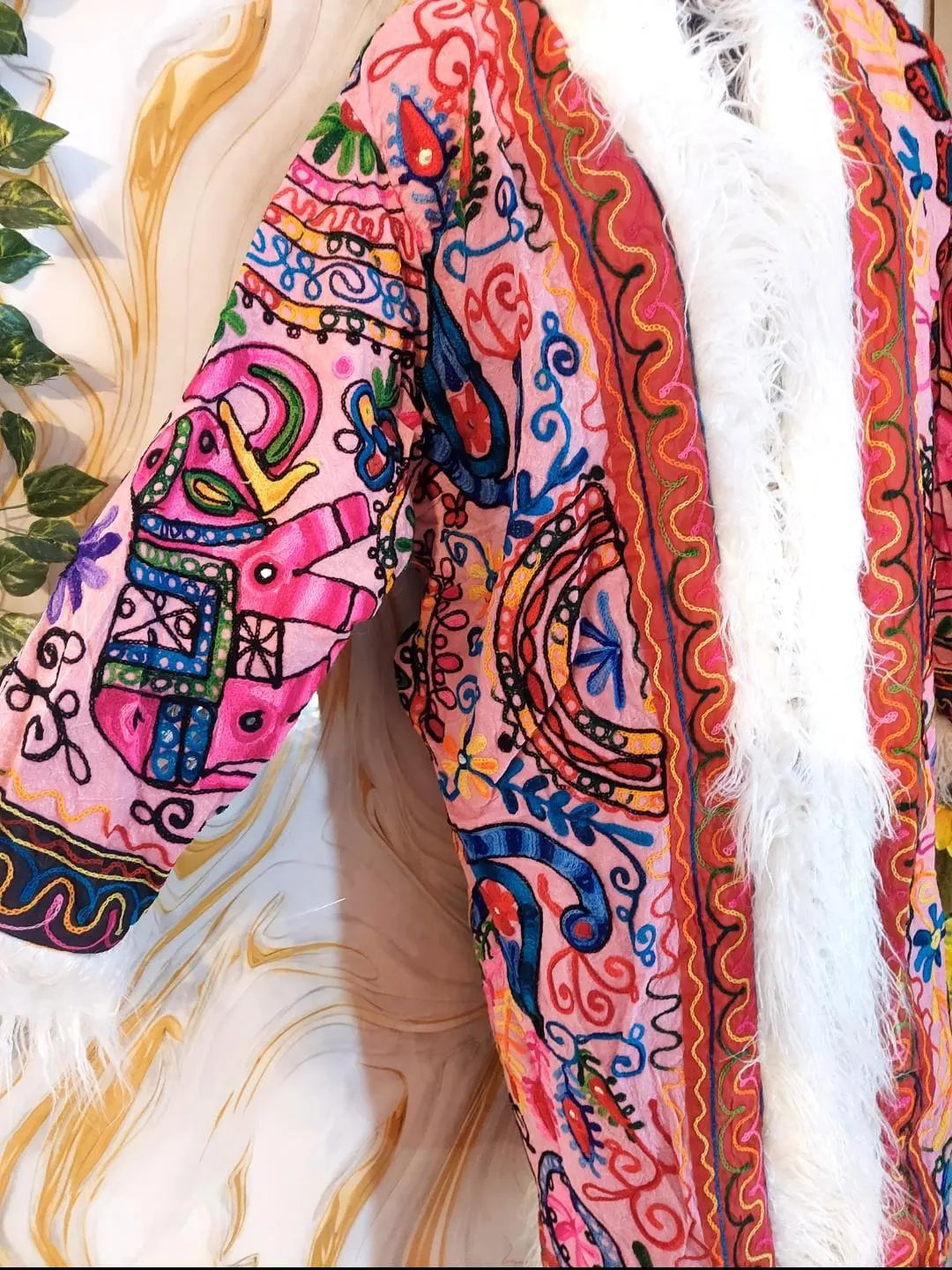 Reversible Neon Pink Afghan Coat: Embroidered Floral Cotton, Mongolian Fur Trim, Christmas Jacket