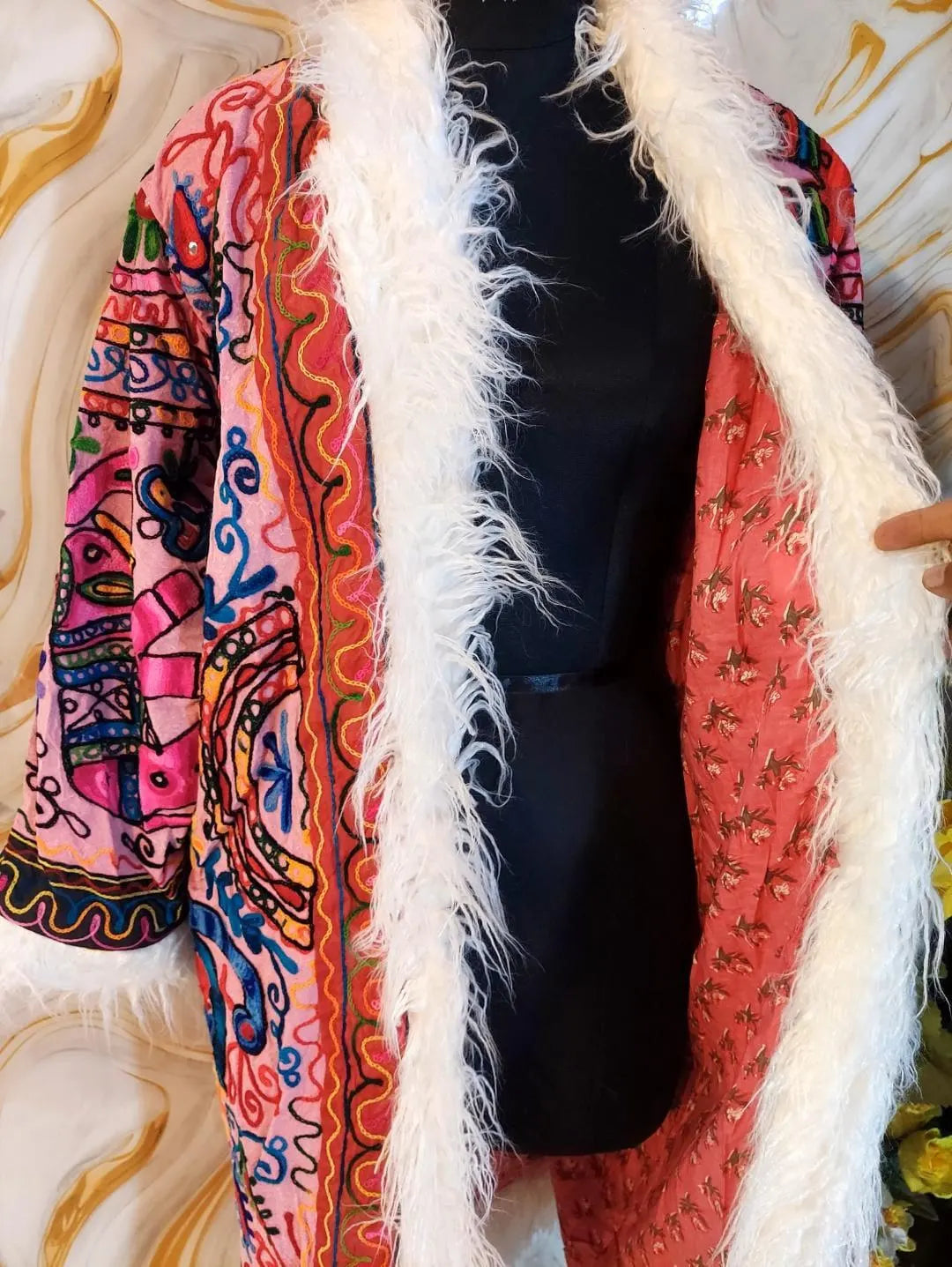 Reversible Neon Pink Afghan Coat: Embroidered Floral Cotton, Mongolian Fur Trim, Christmas Jacket