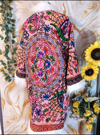 Reversible Neon Pink Afghan Coat: Embroidered Floral Cotton, Mongolian Fur Trim, Christmas Jacket