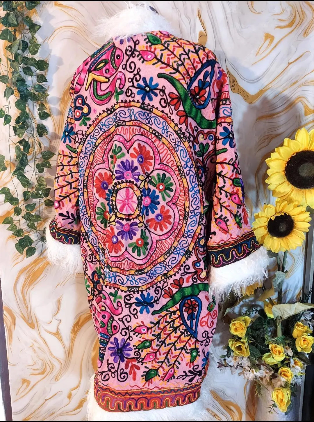 Reversible Neon Pink Afghan Coat: Embroidered Floral Cotton, Mongolian Fur Trim, Christmas Jacket