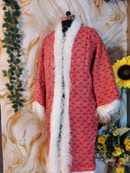 Reversible Neon Pink Afghan Coat: Embroidered Floral Cotton, Mongolian Fur Trim, Christmas Jacket