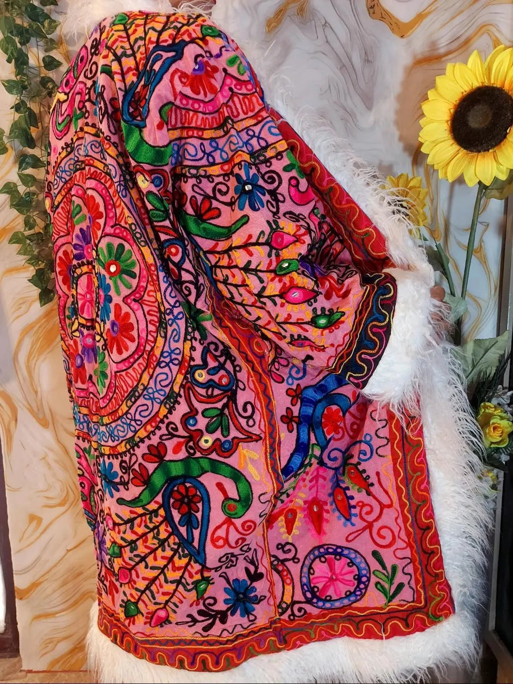 Reversible Neon Pink Afghan Coat: Embroidered Floral Cotton, Mongolian Fur Trim, Christmas Jacket