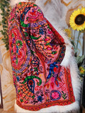 Reversible Neon Pink Afghan Coat: Embroidered Floral Cotton, Mongolian Fur Trim, Christmas Jacket