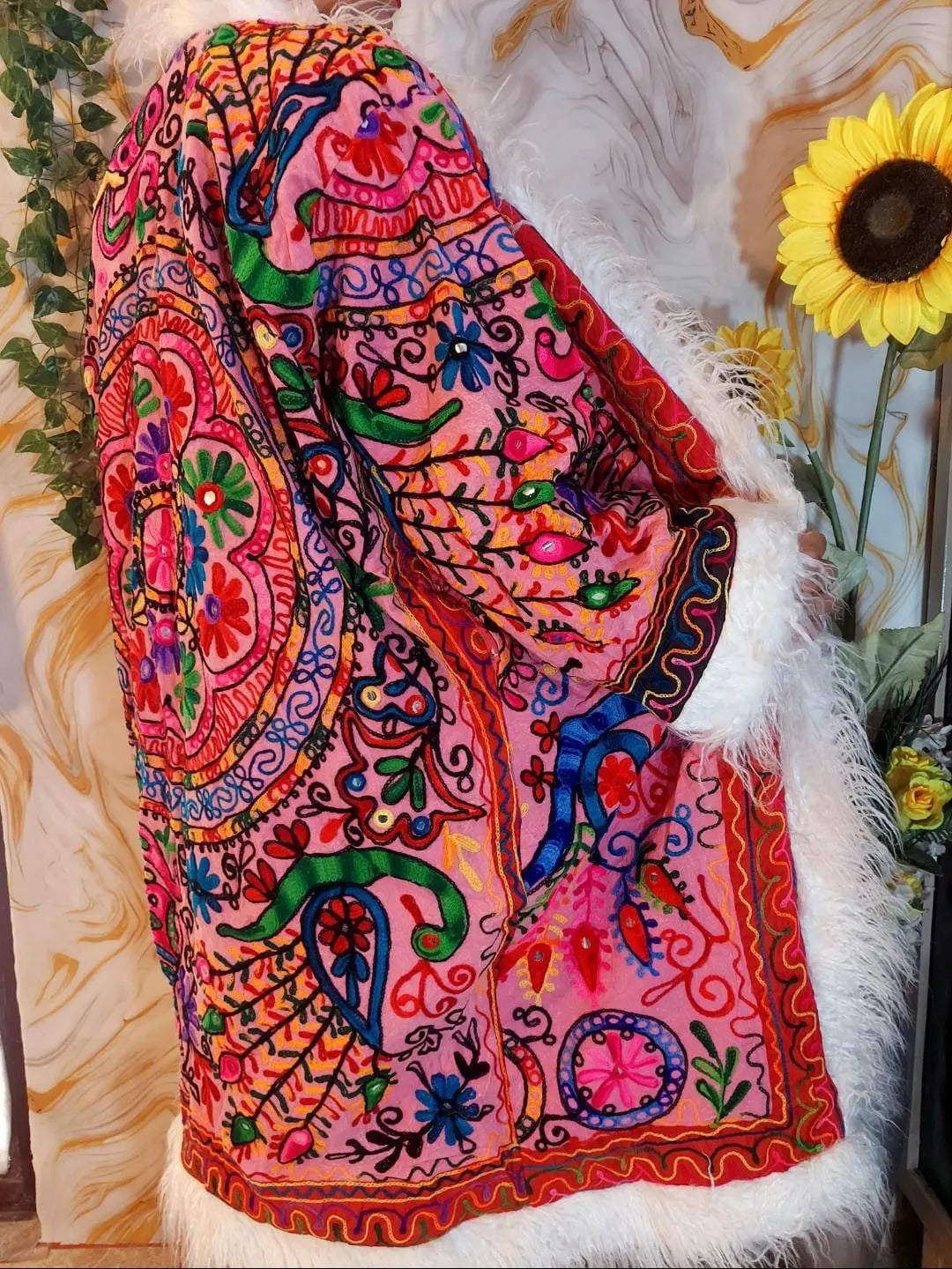 Reversible Neon Pink Afghan Coat: Embroidered Floral Cotton, Mongolian Fur Trim, Christmas Jacket