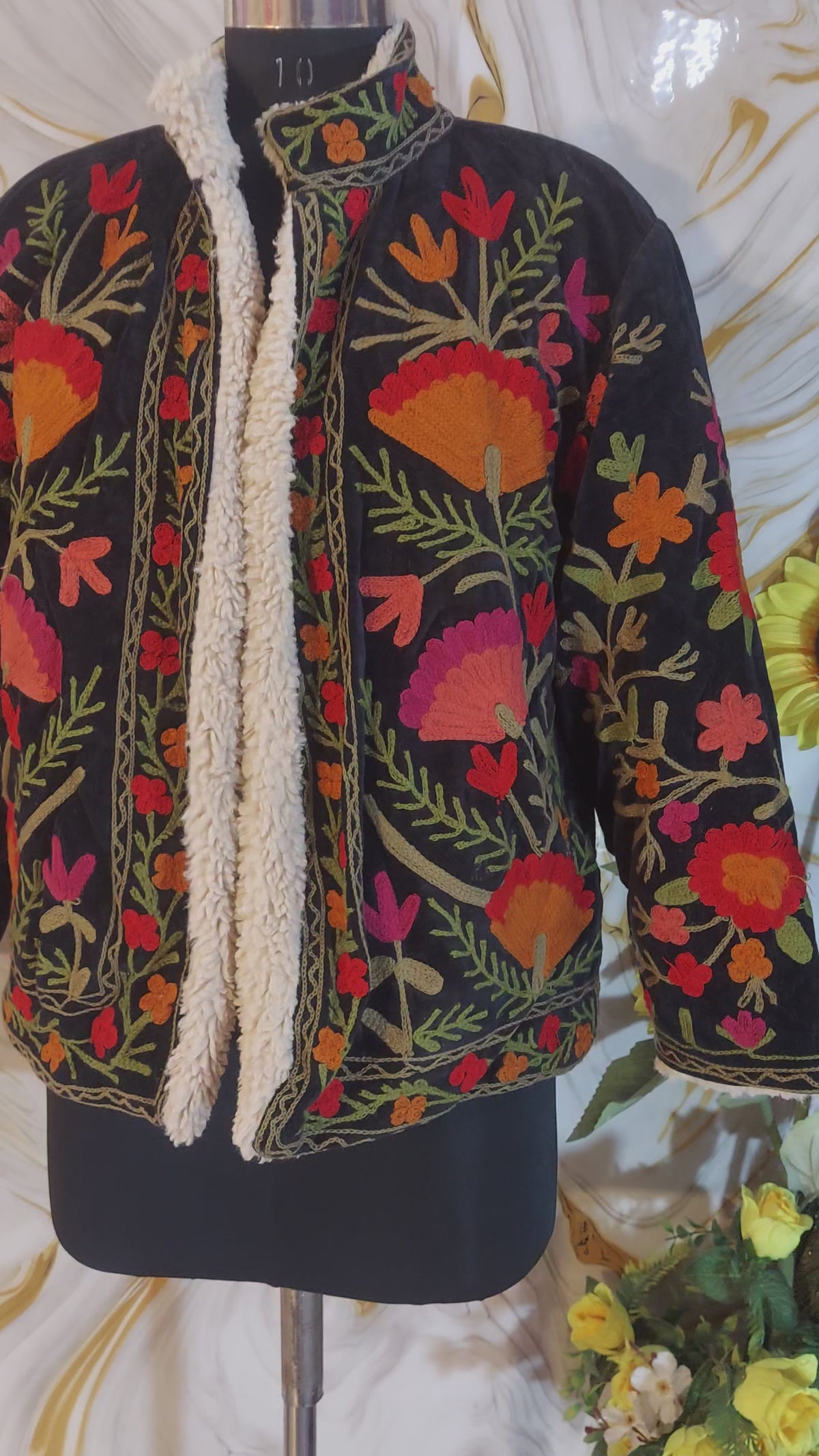 Black Handmade Velvet Suzani Jacket: Fleece Lined Kashmiri Embroidery