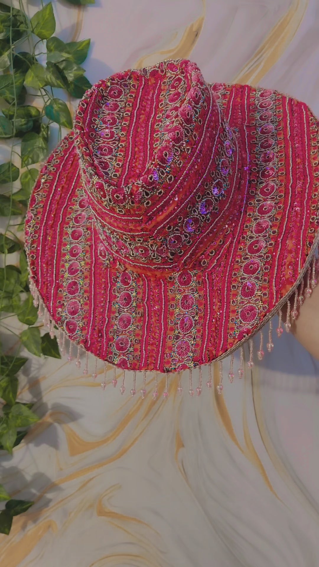 Pink handmade Sequin Cowboy Hat: Recycled Saree, Beaded Fringe with diamante