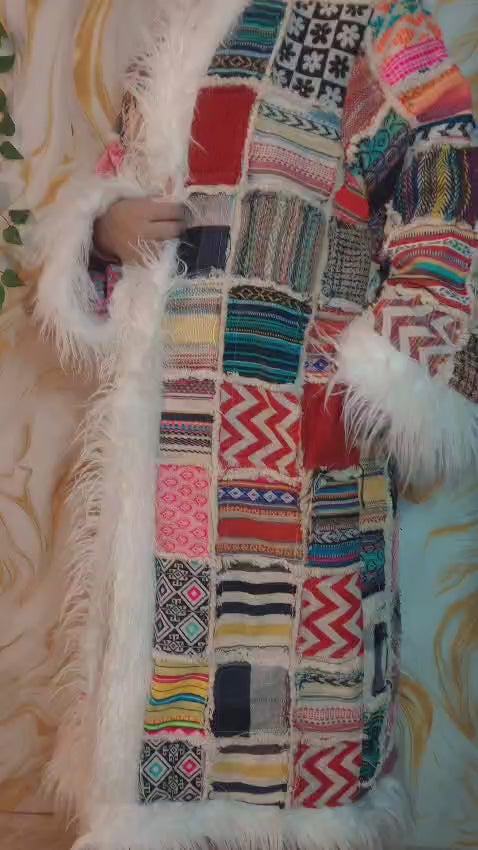 Vintage Jacquard Patchwork Coat: Mongolian Faux Fur Trim, 90s Bohemian Style