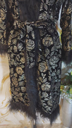 Handmade Floral Velvet Kimono Robe: Faux Fur Trim Evening Coat
