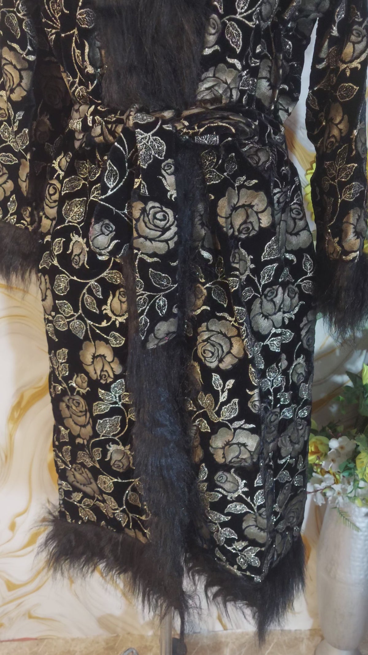 Handmade Floral Velvet Kimono Robe: Faux Fur Trim Evening Coat