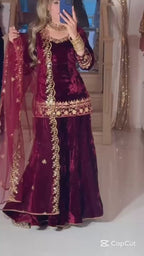 Wine velvet party wear sharara plazzo and dupatta set,