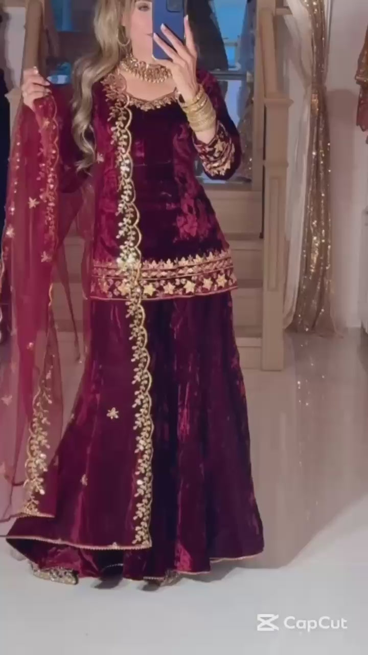 Wine velvet party wear sharara plazzo and dupatta set,