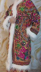 Vintage Floral brown &nbsp;Reversible Embroidered Long with animal print Coat Long Sleeve with Pockets