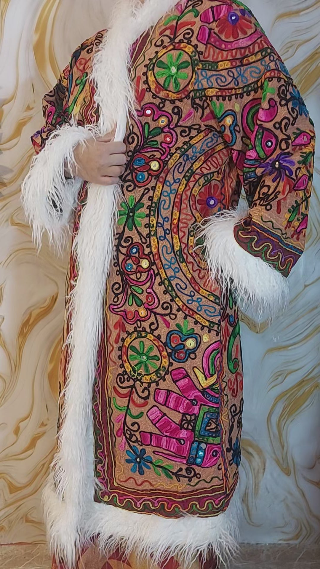 Vintage Floral brown &nbsp;Reversible Embroidered Long with animal print Coat Long Sleeve with Pockets