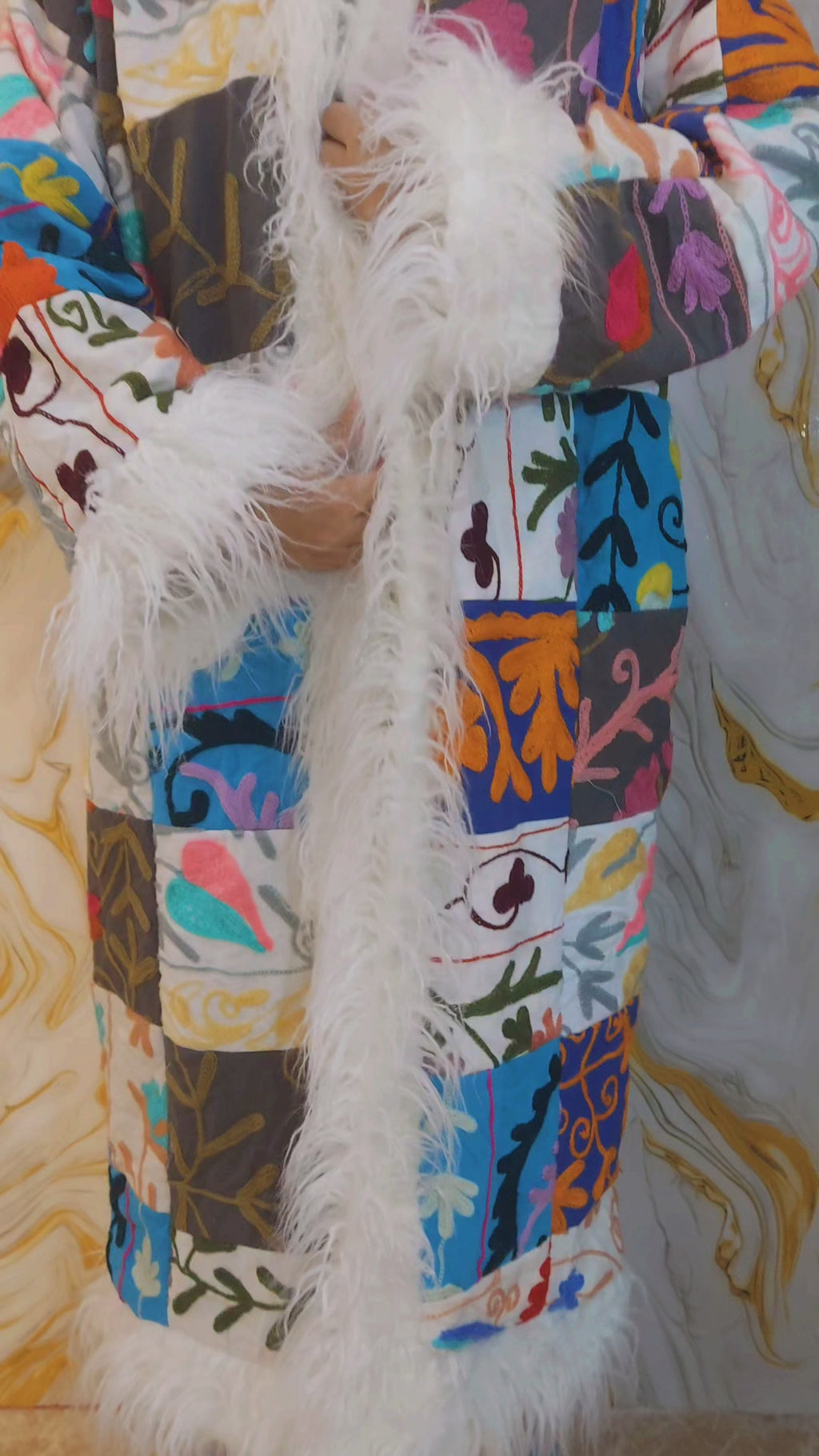 Patchwork Vintage Suzani Coat, Mongolian Faux Fur Trim, Handmade Bohemian Jacket