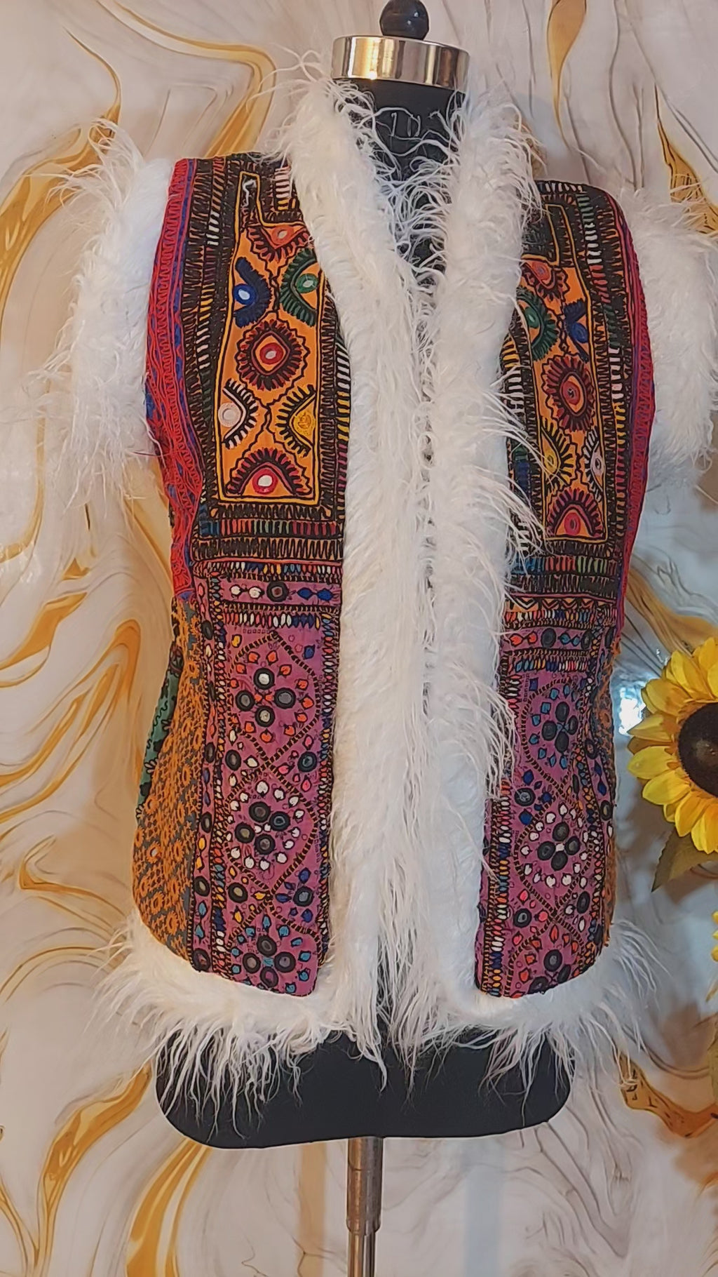 Vintage Banjara Vest: Embroidered Patchwork Afghan Jacket with Faux Fur