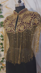 Handcrafted red-brown beaded cape poncho, red-brown beadwork geometric pattern, elegant cover-ups for special occations.