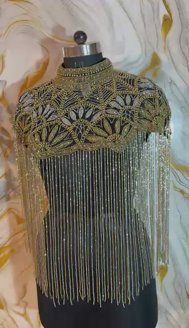 Handcrafted black-golden beaded cape poncho, beadwork geometric pattern, elegant cover-ups for special occations.
