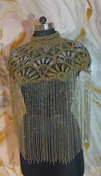 Handcrafted black-golden beaded cape poncho, beadwork geometric pattern, elegant cover-ups for special occations.