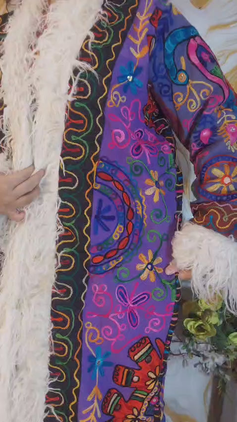 Reversible purple Embroidered Floral Coat: Mongolian Fur Trim, Boho Festival Jacket, ready to wear
