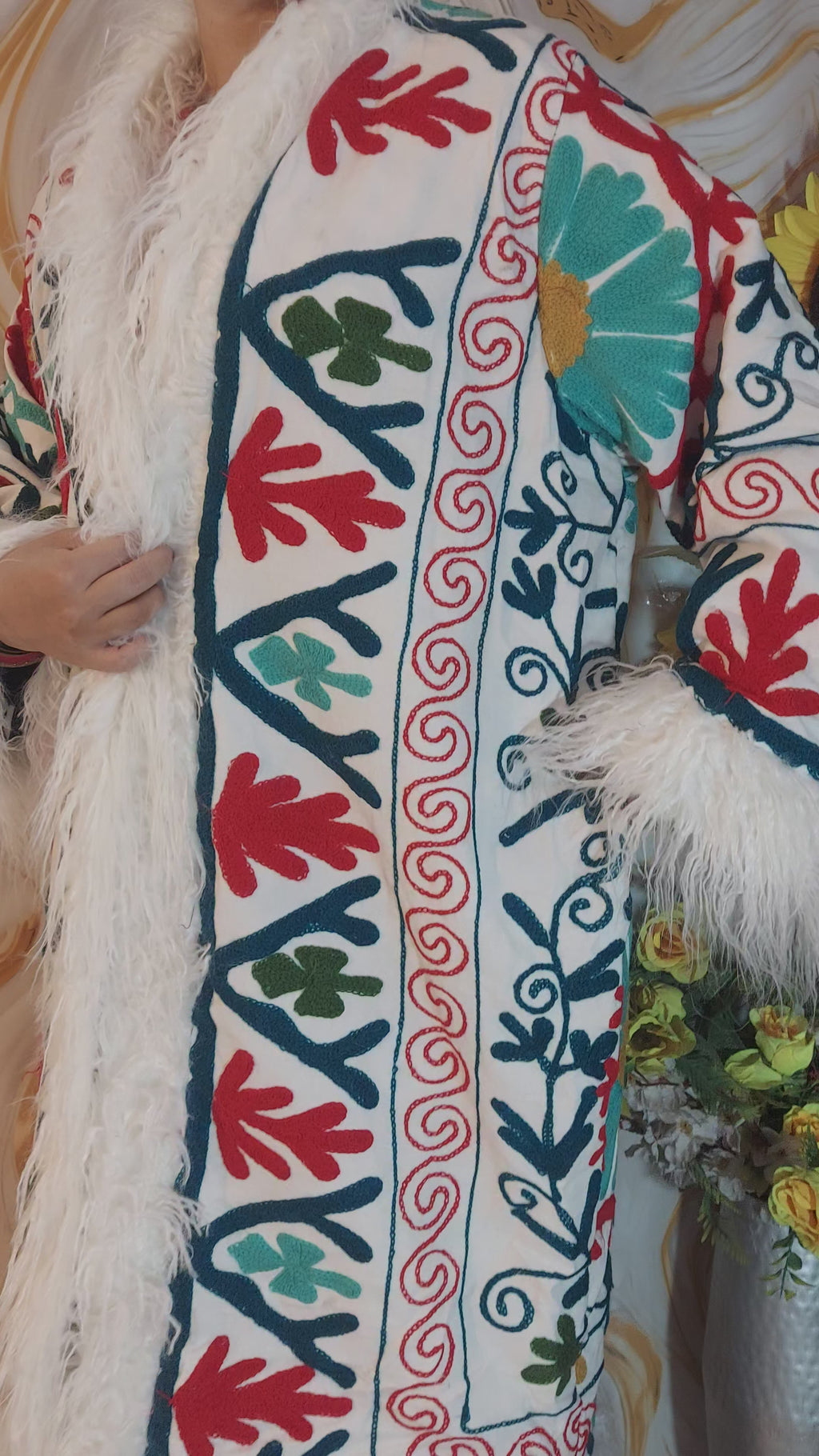 White Handmade Suzani Embroidered Faux Fur Trim Coat: Bohemian Afghan Style Jacket