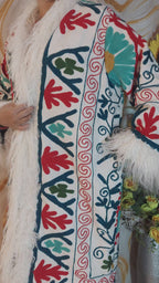 White Handmade Suzani Embroidered Faux Fur Trim Coat: Bohemian Afghan Style Jacket